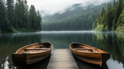 Serene Lake with Wooden Pier and Boats in Forest Setting