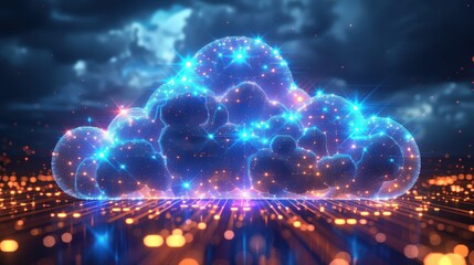 Obraz premium Futuristic digital cloud with glowing neon lights in virtual space, symbolizing cloud computing, data networks, and advanced technology innovation.