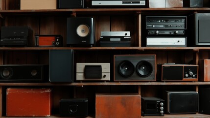 A collection of vintage audio equipment displayed on a rustic wooden shelf, showcasing various...