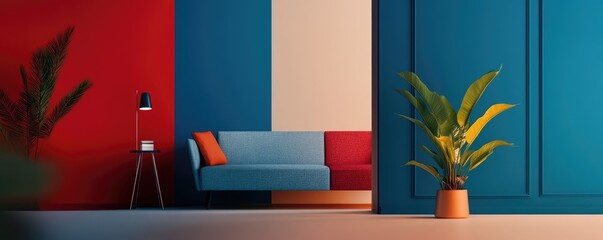 Modern split-screen interior with vibrant colors and plants.