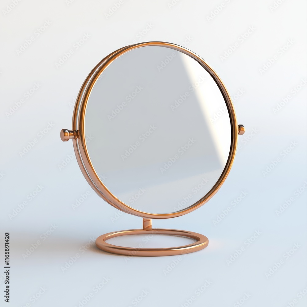 Poster 3d rendering of a cute, mini-sized table mirror with a minimalist frame and soft reflections on a br