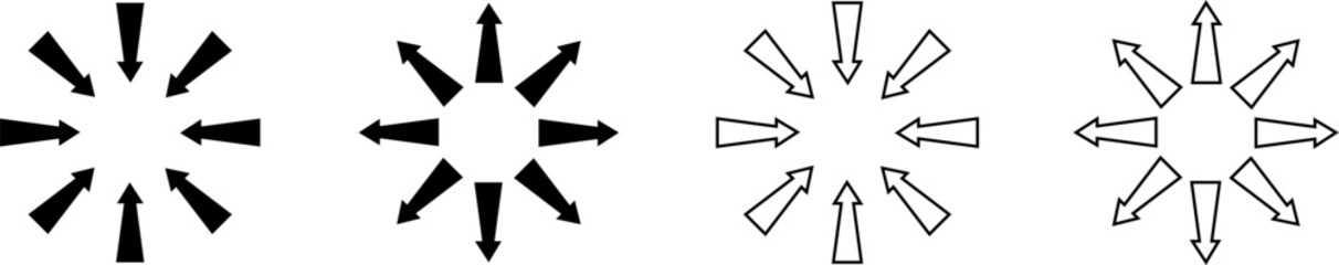 Group of straight arrows arranged in circle, directed inward to center and outward. Vector illustration of simple icons for building tables, diagrams, visualization of schematic material and data.