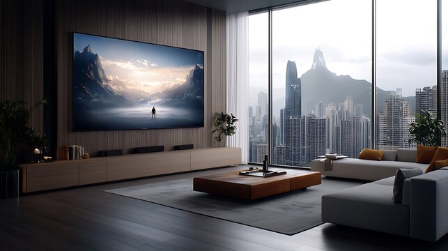 A stylish home setup featuring a vibrant and detailed grid of entertainment content on a large screen, ultra-realistic, photo-realistic, highly detailed, 