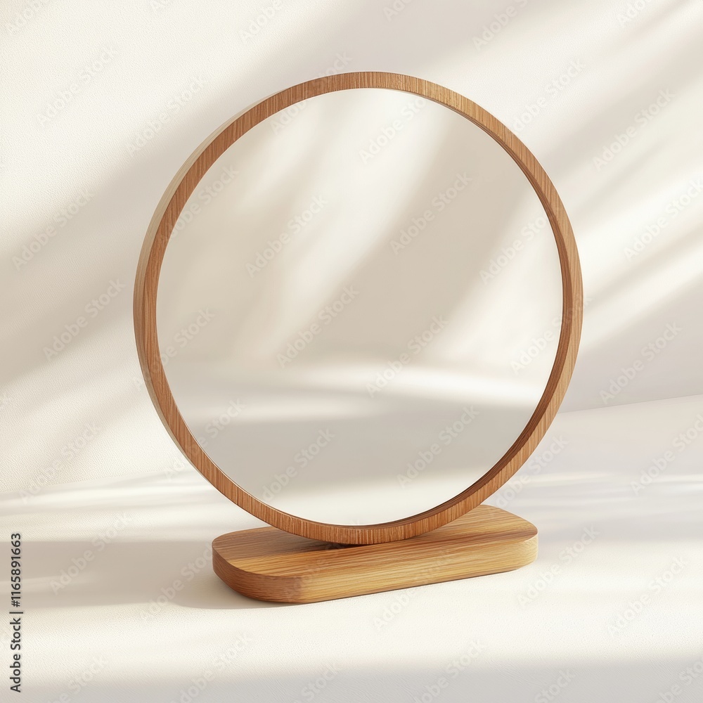 Poster 3d rendering of a cute, mini-sized table mirror with a minimalist frame and soft reflections on a br