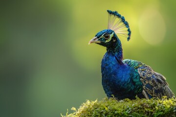 Obraz premium Majestic peacock perched in a forest, displaying vibrant blue and green iridescent feathers. Serene wildlife scene highlighting natural avian beauty.