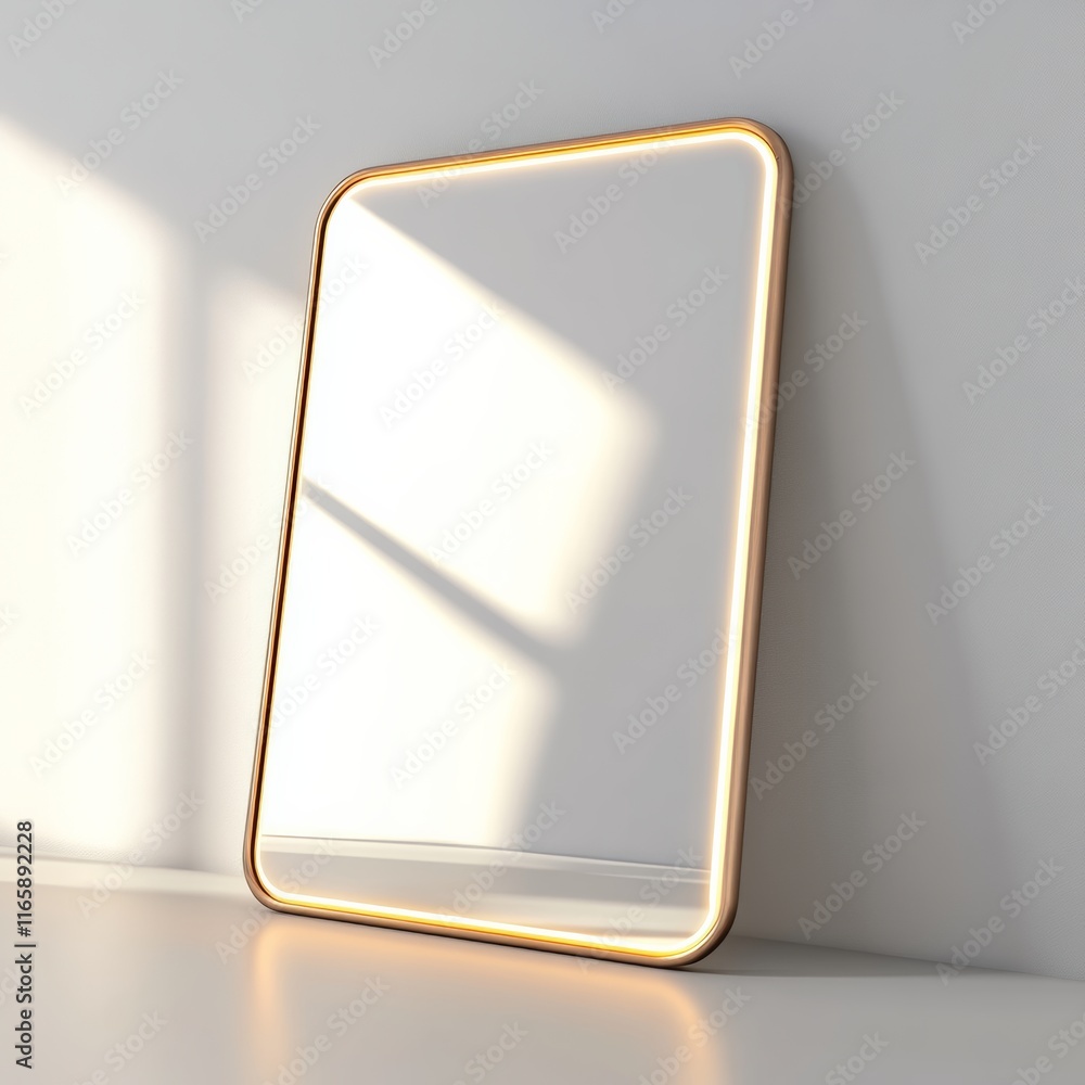 Poster 3d rendering of a delicate rectangular table mirror with a bronze-colored frame, glowing softly in a
