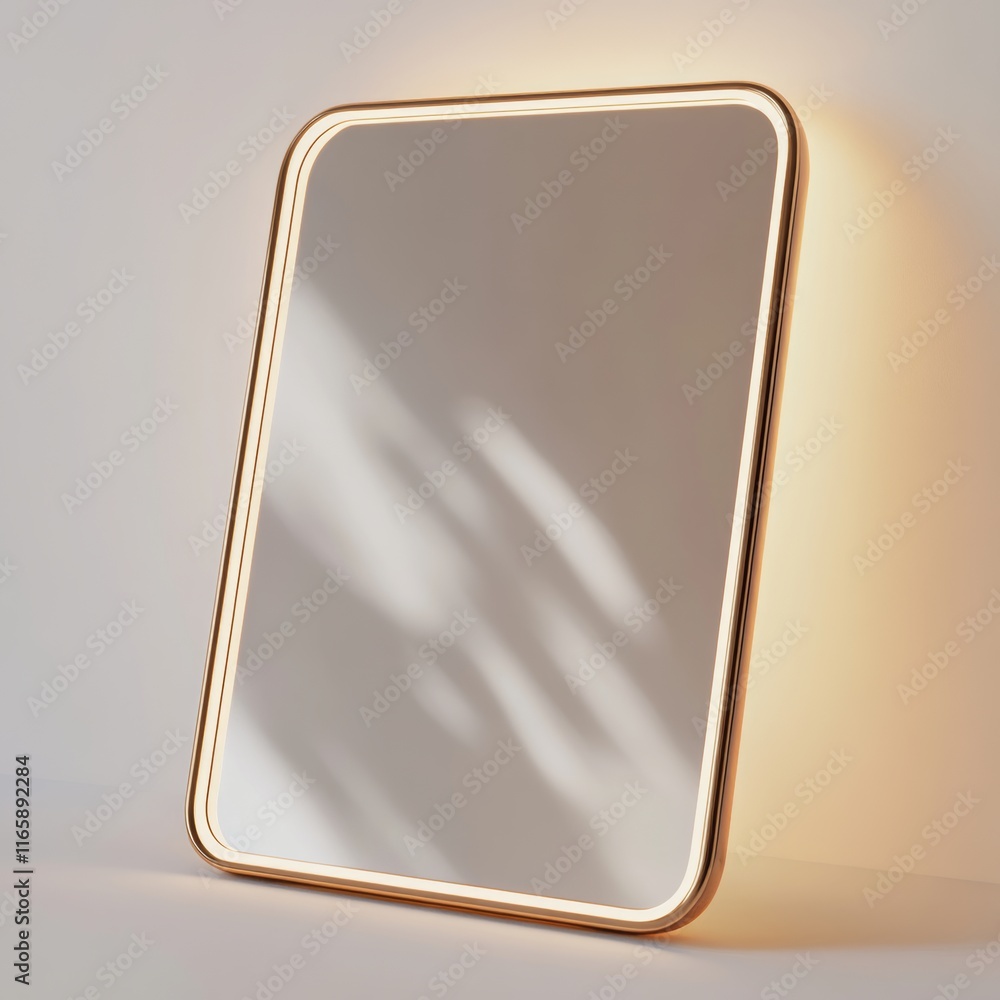 Fototapete 3d rendering of a delicate rectangular table mirror with a bronze-colored frame, glowing softly in a