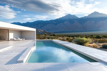 Obraz premium Modern villa with pool overlooking mountains in desert landscape during golden hour