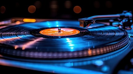 Close-up of a vintage record player with a spinning vinyl record.  Dynamic lighting emphasizes the rotating disc and needle.
