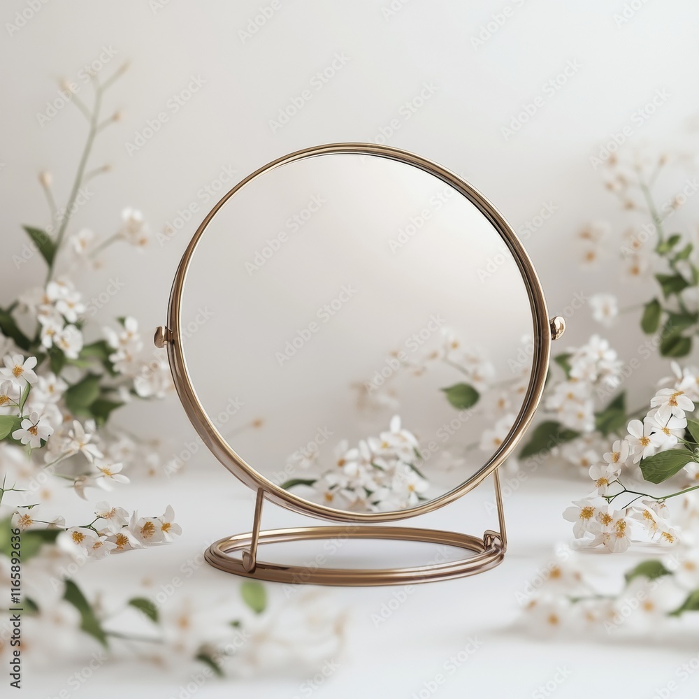Poster 3d rendering of a small, cute table mirror surrounded by delicate flowers on a soft white background