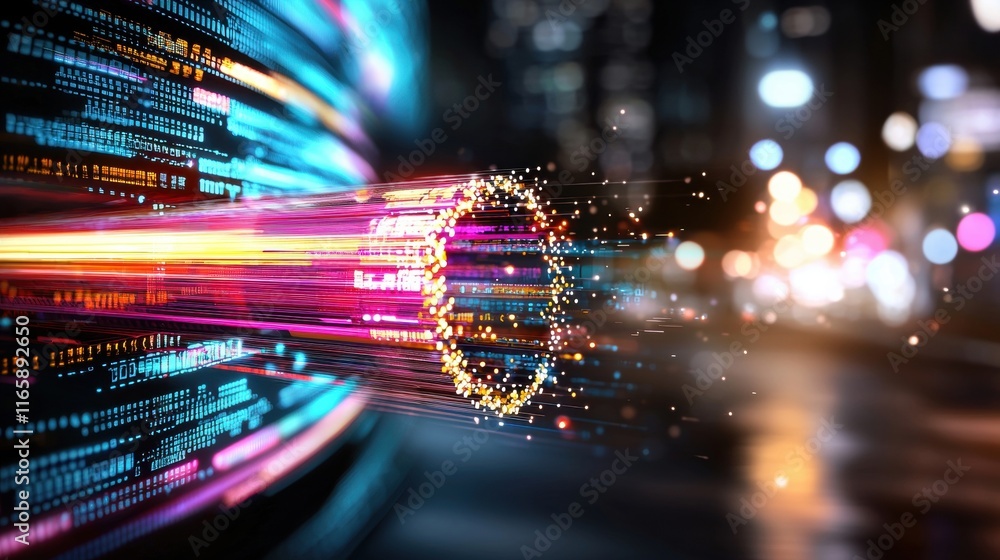 Poster a vibrant, abstract representation of light trails and data streams, evoking a sense of speed and te
