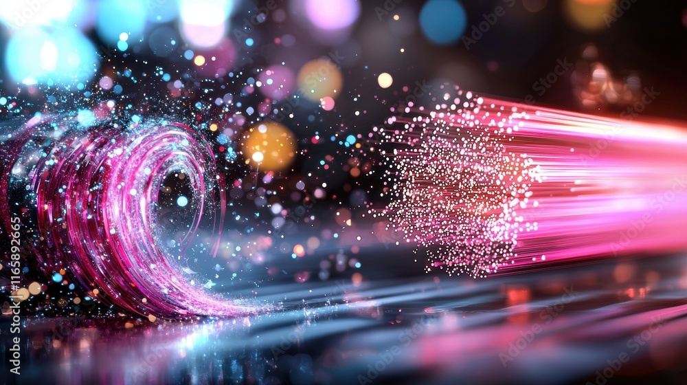 Poster a vibrant, dynamic scene featuring colorful light trails and sparkling particles, resembling waves a