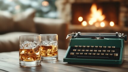 A retro typewriter is poised next to two glasses of whiskey, warmly lit by a fireplace, creating a...