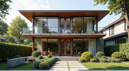 Fototapeta premium Modern home with a large glass balcony and a stone walkway