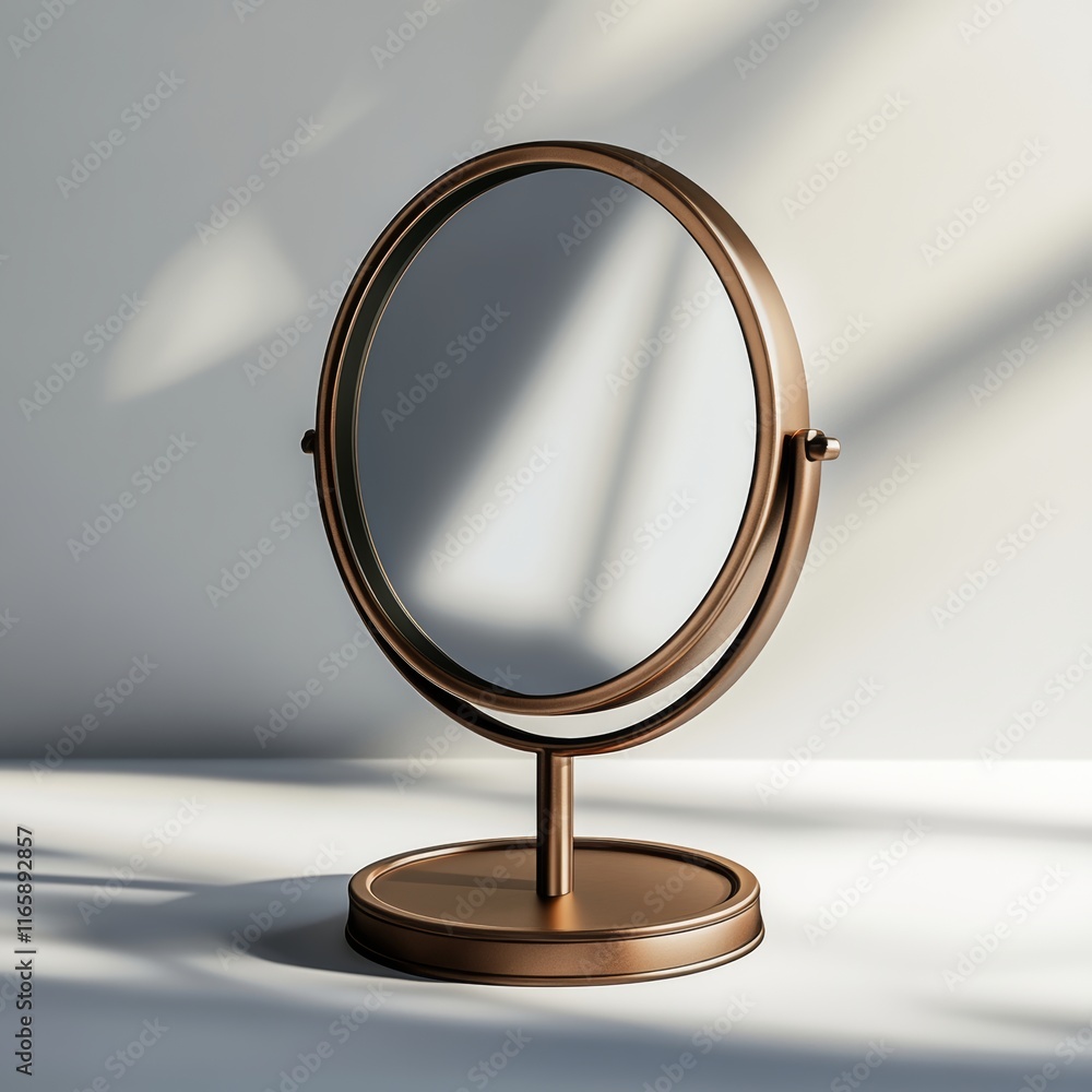 Poster 3d rendering of a small decorative table mirror with a bronze finish, with smooth shadows and soft l
