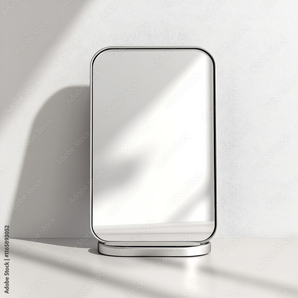 Fototapete 3d rendering of a small rectangular table mirror with soft curves, surrounded by a clean white backd