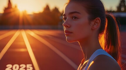 A calm and reflective image of a female athlete looking ahead at the "2025" line on the track