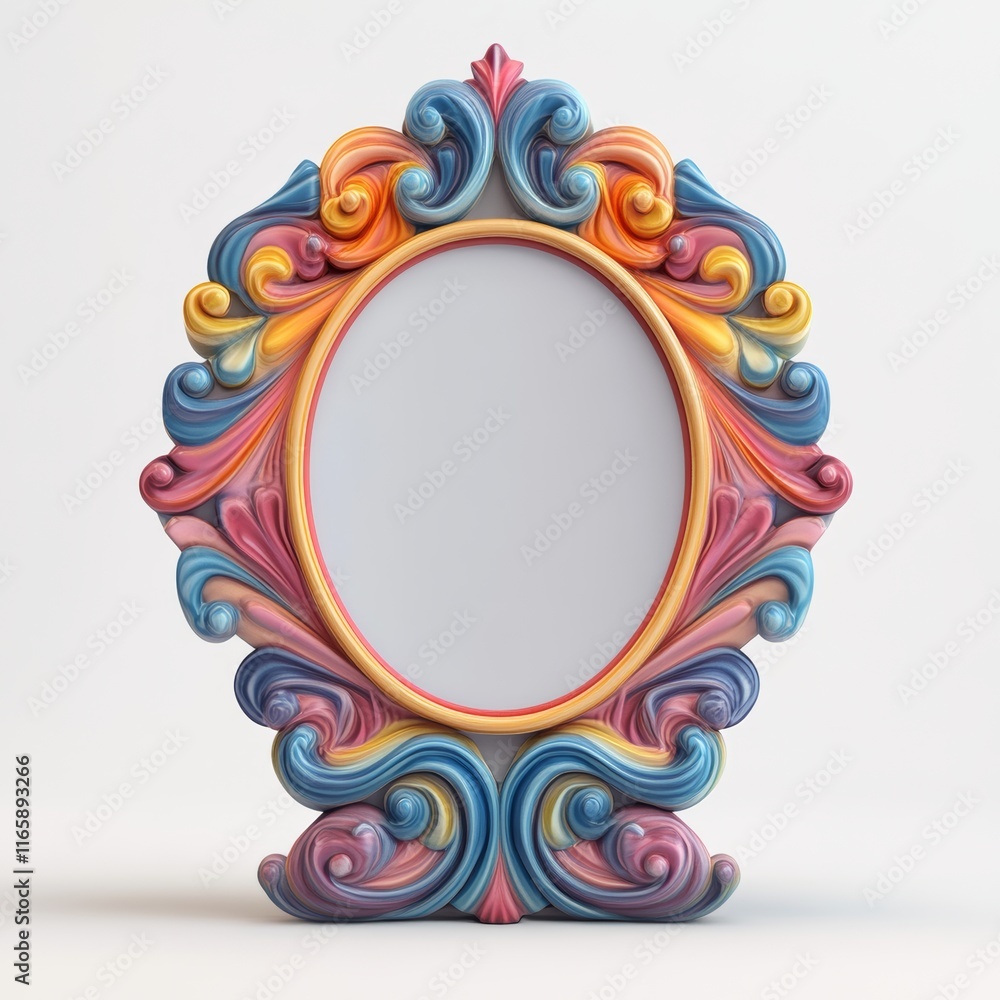 Poster 3d rendering of a tiny, whimsical mirror with a colorful border, isolated with white negative space