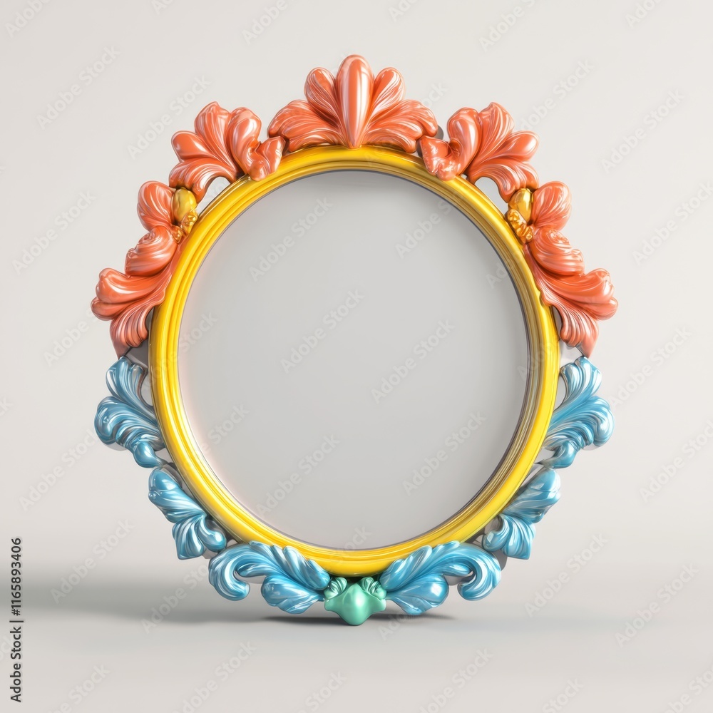 Poster 3d rendering of a tiny, whimsical mirror with a colorful border, isolated with white negative space