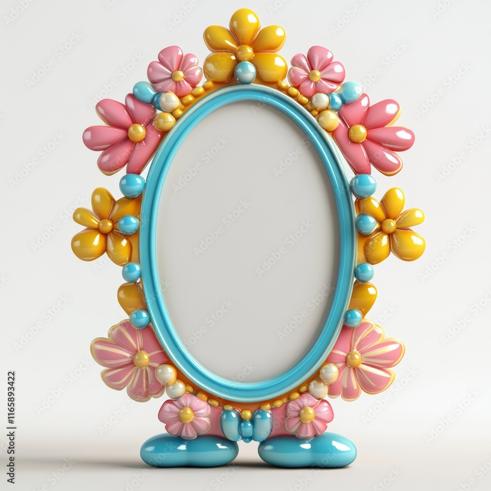 Poster 3d rendering of a tiny, whimsical mirror with a colorful border, isolated with white negative space