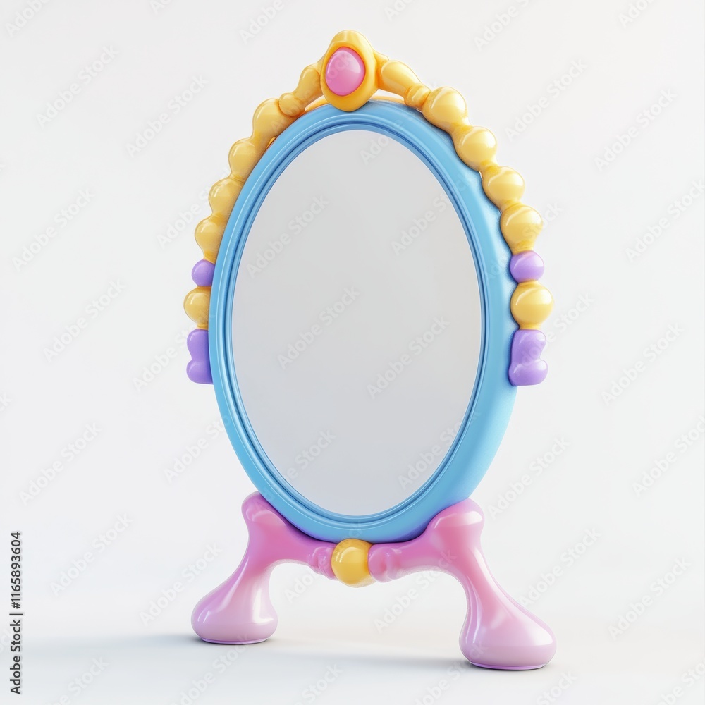 Poster 3d rendering of a tiny, whimsical mirror with a colorful border, isolated with white negative space