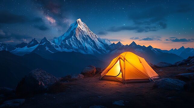 Illuminated tent at night basecamp amidst majestic snow-capped mountains under a starry sky.