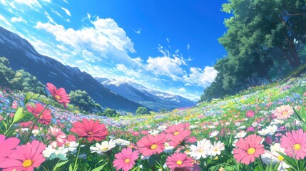 Obraz premium Vibrant Flower Meadow Under Bright Blue Sky