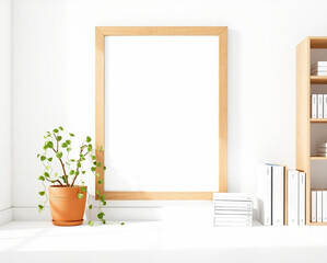 3D illustration of a small vertical wooden frame mockup placed in a Scandinavian-style interior with a trailing green plant in a pot, pile of books, and shelf on a neutral white wall background. A4, A