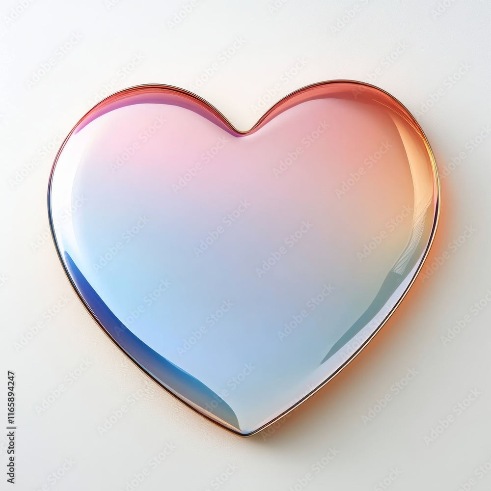 Poster cute heart-shaped mirror with a gradient-colored frame, casting a soft reflection on a white surface