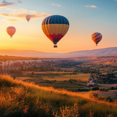 Fototapeta premium Colorful hot air balloons floating over a picturesque valley at sunset in Cappadocia