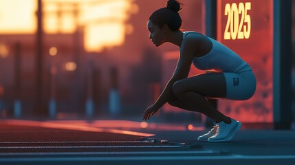 A focused side shot of a woman in a crouched starting pose at the athletics track marked "2025"