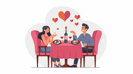 A romantic dinner for two on Valentine's Day. A candlelit table with a couple holding hands, a bottle of wine, and plates of food.