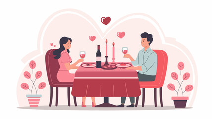 A romantic dinner for two on Valentine's Day. A candlelit table with a couple holding hands, a bottle of wine, and plates of food.