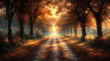 Obraz premium Golden Autumn Forest: A dense forest filled with trees whose leaves are bright shades of orange, yellow, and red, carpeting the ground