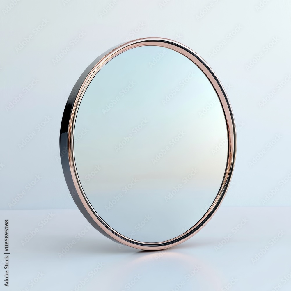 Poster isolated 3d rendering of a cute round mirror with a rose gold frame on a smooth white surface with s