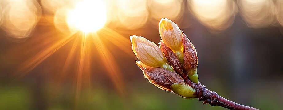 Aerial Views of Maple Forests During Syrup Season, a macro photography close-up of tiny budding maple flowers illuminated by soft golden sunlight, with blurred trees in the background
