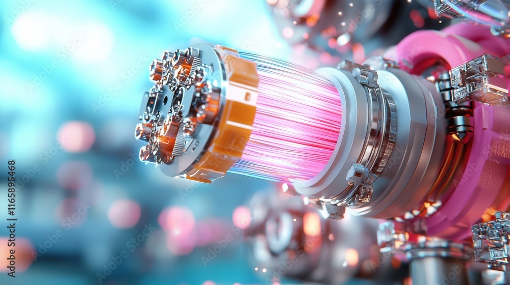 Poster a vibrant close-up of a futuristic mechanical component, showcasing intricate details and glowing el