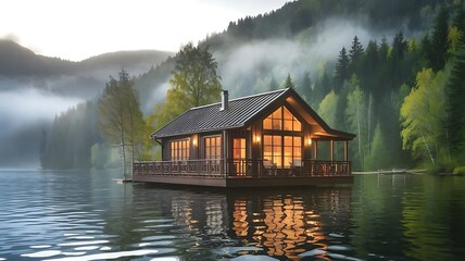 Fototapeta premium Serene Lakeside Cabin with Warm Lights Reflecting on Calm Water