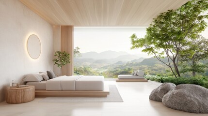 Cozy Bedroom Featuring Spacious Bed Surrounded by Natural Elements Including a Large Unique Rock for a Rustic Touch