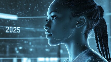 A serene image of a female athlete gazing forward from the engraved "2025" line