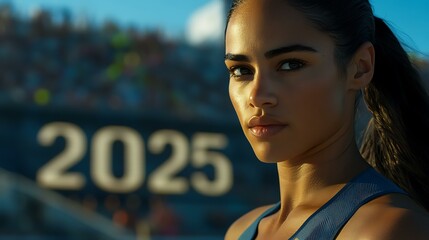 A serene image of a female athlete gazing forward from the engraved "2025" line