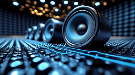 Close-up of professional studio speakers in an acoustically treated room.