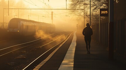 A serene morning view with a woman on the track, ready at the "2025" line