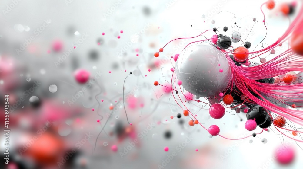 Poster a vibrant, abstract composition featuring colorful spheres and flowing lines, creating a dynamic vis