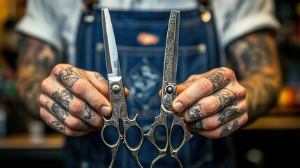 Close-up of tattooed hands holding vintage and modern hairdressing shears.