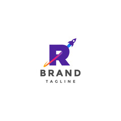Space Rocket Crosses Letter R Logo Design. Rocket Flying Through Letter R Logo Design.