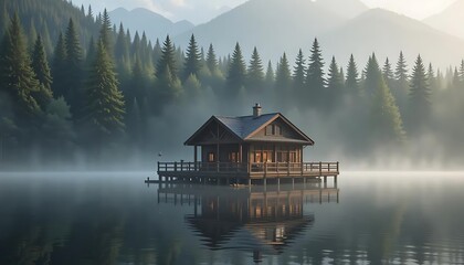 Fototapeta premium Serene Lakeside Cabin with Warm Lights Reflecting on Calm Water