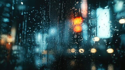 Obraz premium Rainy Night Cityscape: A Mesmerizing View Through a Wet Window