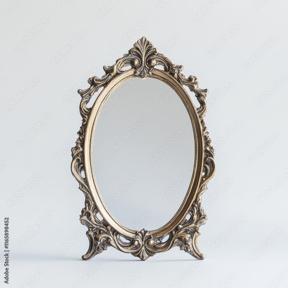 Poster single vintage-style table mirror with an intricate frame, isolated with a minimalist white backdrop