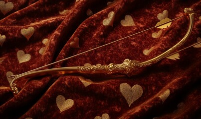 Fototapeta premium Cupid's bow and arrow crafted from golden metal, resting on a velvet cloth adorned with delicate heart patterns,